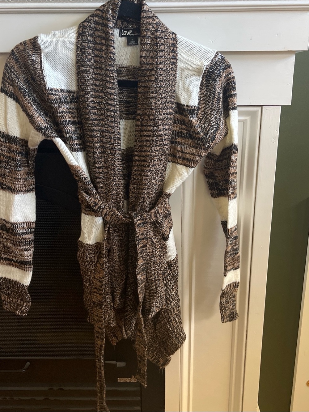 Love Brown and Cream Striped Shawl Cardigan with Belt